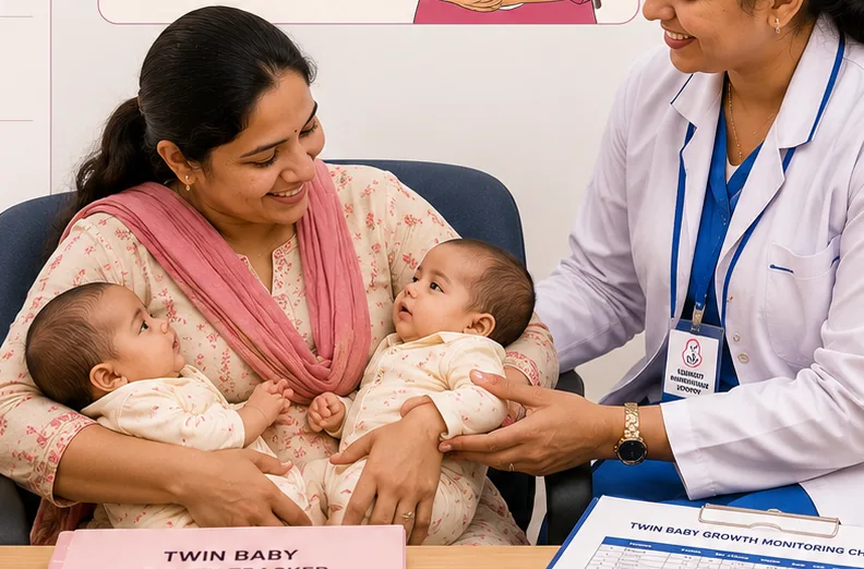 Lactation consultant helping a mother breastfeed her twins