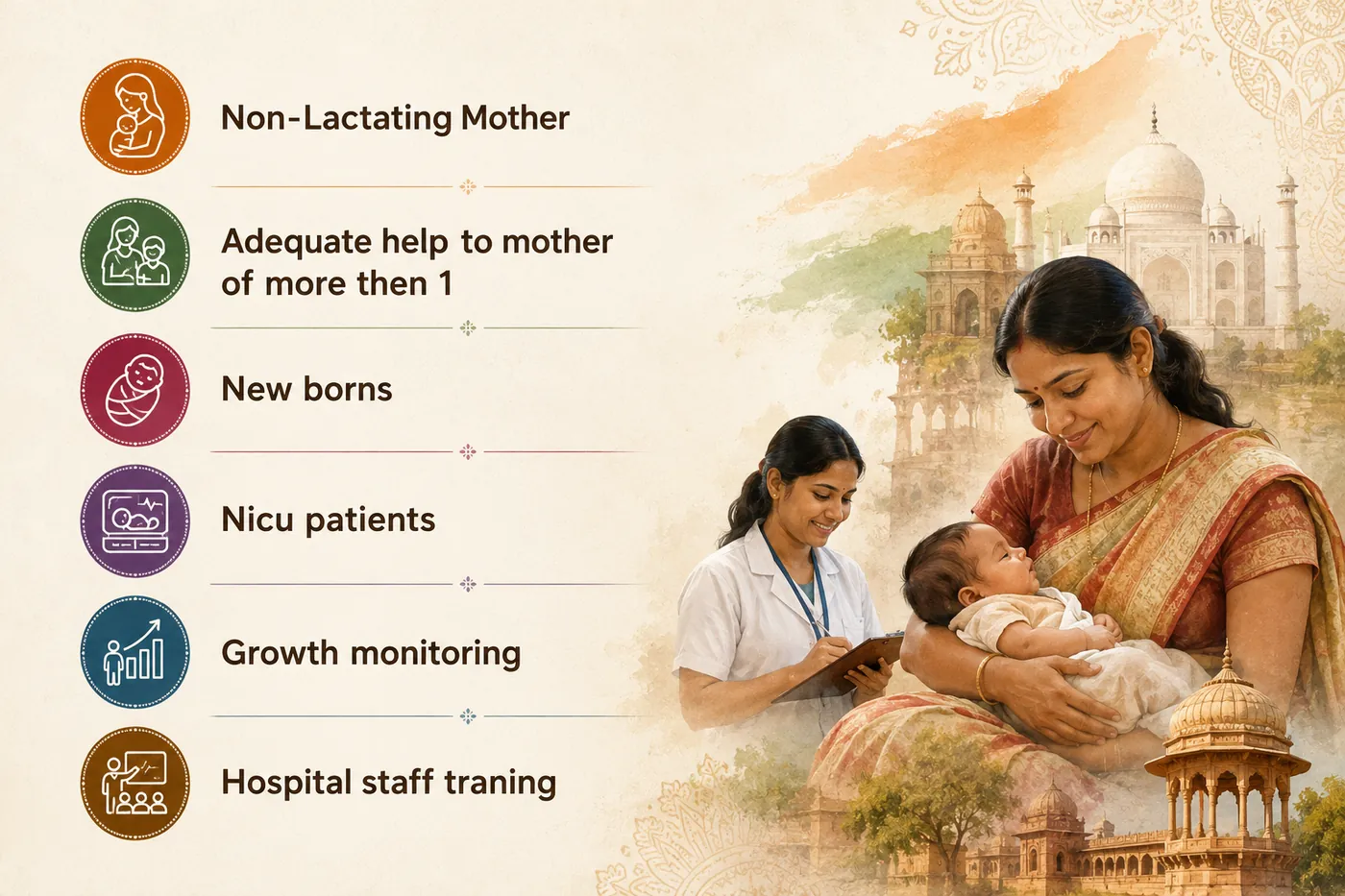 Areas of lactation support: non-lactating mothers, twins, newborns, NICU, growth monitoring and staff training